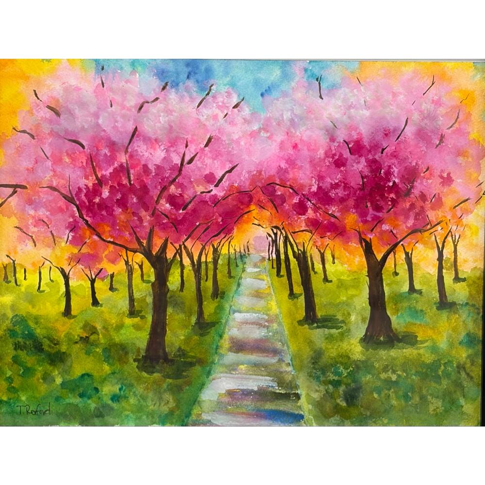 Hand painted watercolor original painting cherry blossom trees path